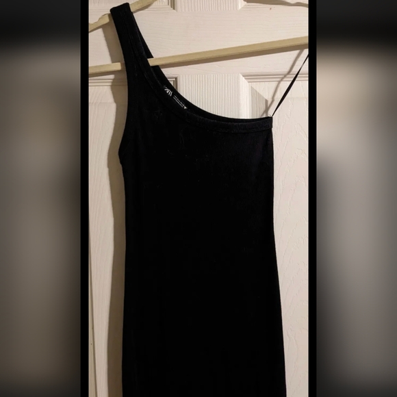 SOLD Zara Black One Shoulder Tank Dress S Ribbed Cotton Blend Stretchy Bodycon - Picture 2 of 5